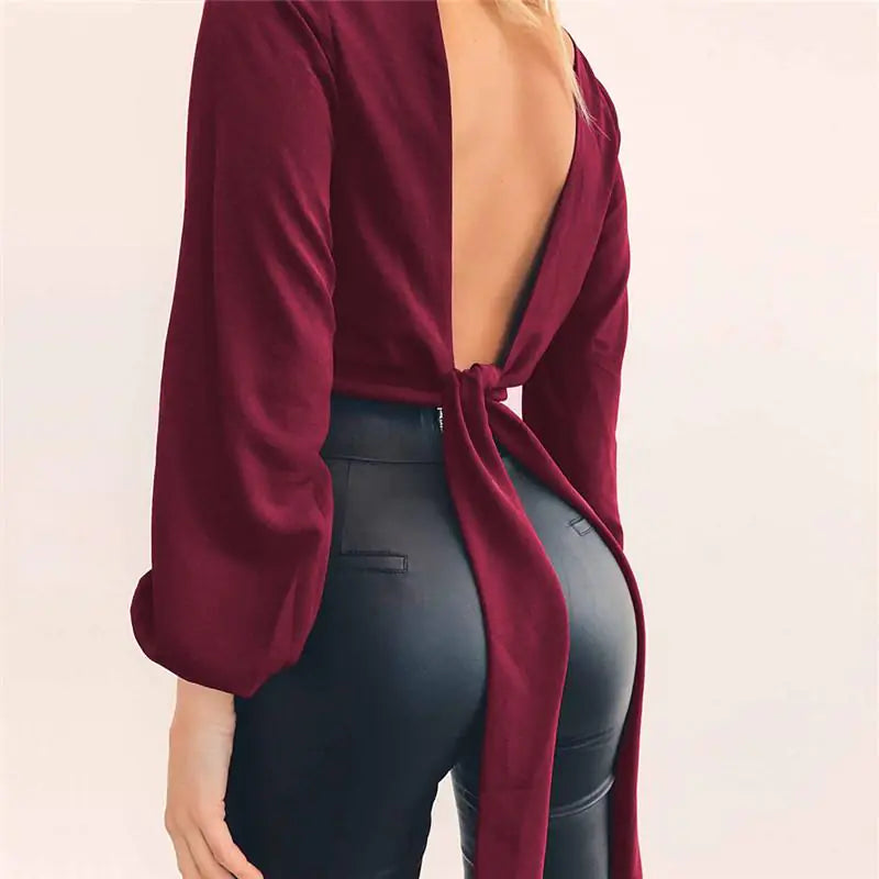 2019 Women's Long Sleeve Chiffon Blouse with Waist Cut
