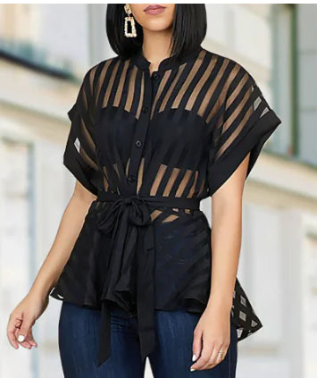 Stylish Sheer Striped Blouse with Belt (One Piece)