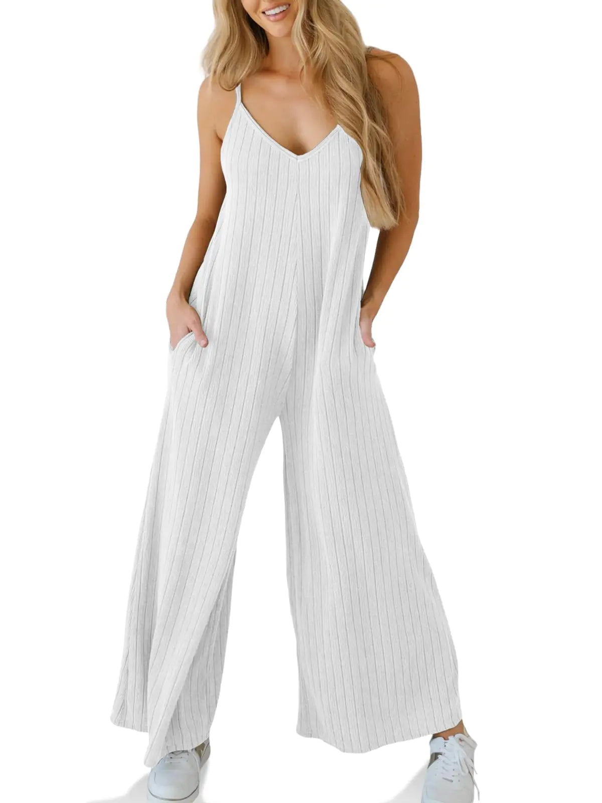 Tongmingyun Womens Casual Summer Jumpsuits Wide Leg Spaghetti Strap Ribbed Overall Jumpsuit with Pockets
