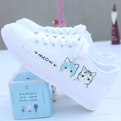 Cute Cat Cartoon Women's Breathable Lace-Up Sneakers