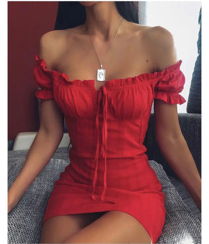 Off-Shoulder Short Sleeve Mini Dress (European Style)