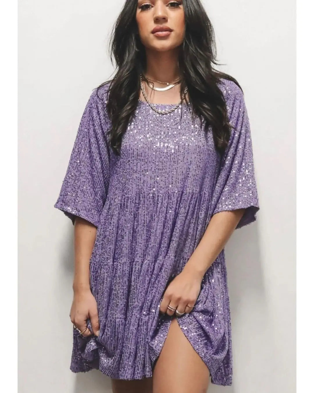 Fashionable Sequin Round Neck Loose Short Sleeve Dress