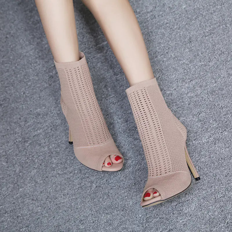 Knitted Open-Toe High Heels for Women, Fall Collection