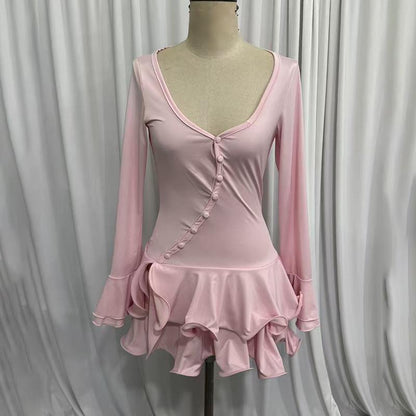 Women's Irregular V-Neck Bodycon Mini Dress - Flare Long Sleeve Layered Ruffle Hem Party Dress
