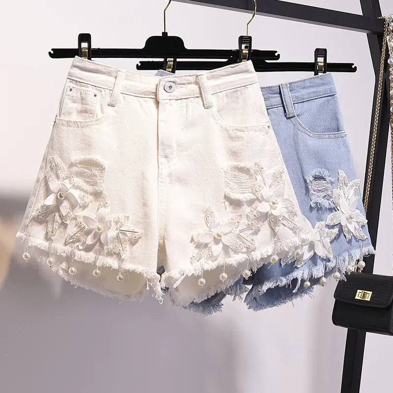 Embroidered Beaded Denim Shorts for Women