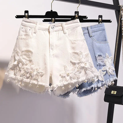 Embroidered Beaded Denim Shorts for Women
