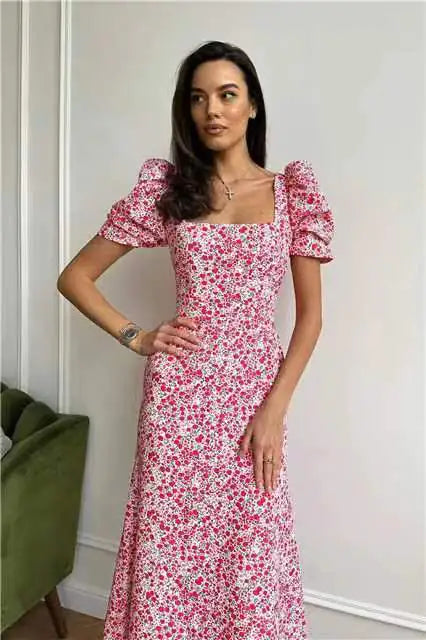 Floral Short Sleeve Dress for Women's Waist Slimming