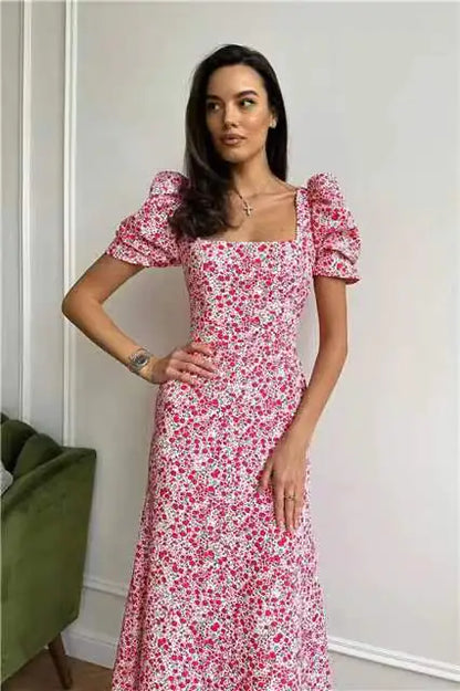 Floral Short Sleeve Dress for Women's Waist Slimming