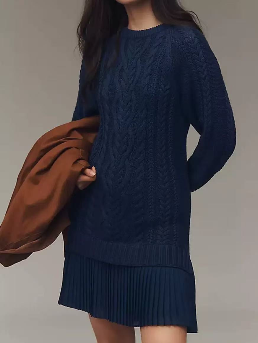 25 Autumn Europe And America Cross Border Amazon Independent Station AliExpress Solid Color Knitted Long Sleeve Pullover Stitching Pleated Dress