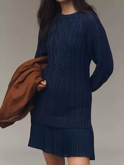 25 Autumn Europe And America Cross Border Amazon Independent Station AliExpress Solid Color Knitted Long Sleeve Pullover Stitching Pleated Dress