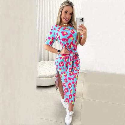 Women's Printed Short Sleeve Split Dress