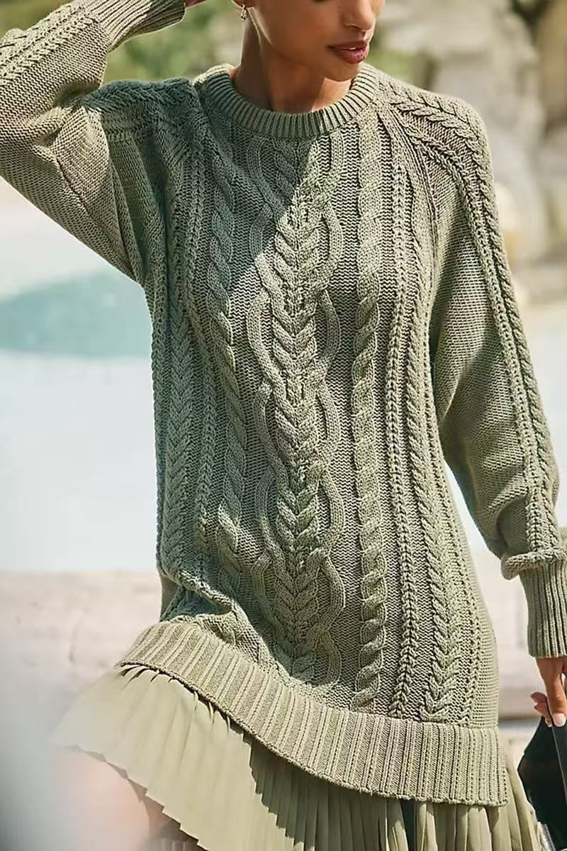 25 Autumn Europe And America Cross Border Amazon Independent Station AliExpress Solid Color Knitted Long Sleeve Pullover Stitching Pleated Dress