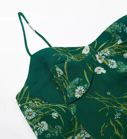 French Retro Floral Print Slit Suspender Dress
