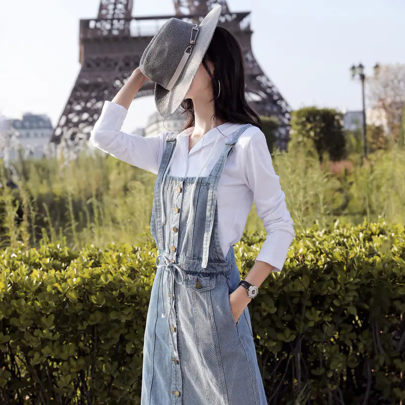 Button Strap Denim Dress, Denim Overall Dress