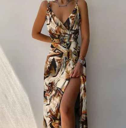 V-neck Slip Dress Low Cut Printed Slit Dress