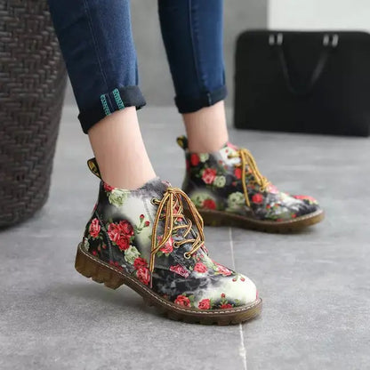 Vintage Floral Lace-Up Martin Boots for Women