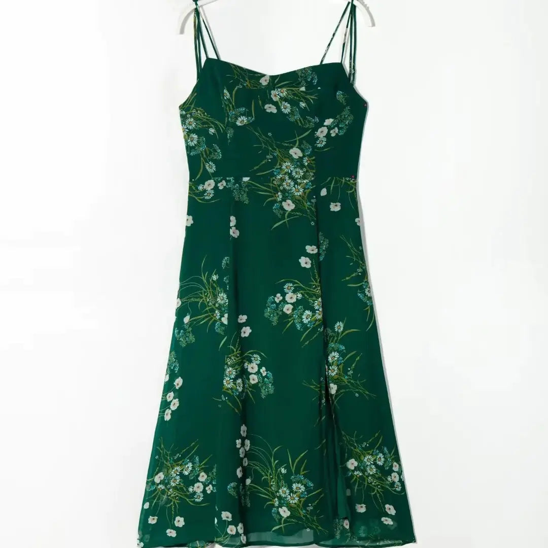 French Retro Floral Print Slit Suspender Dress