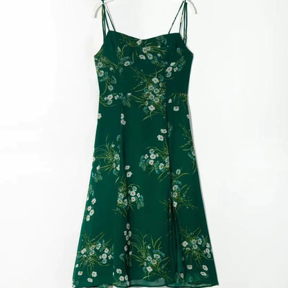French Retro Floral Print Slit Suspender Dress