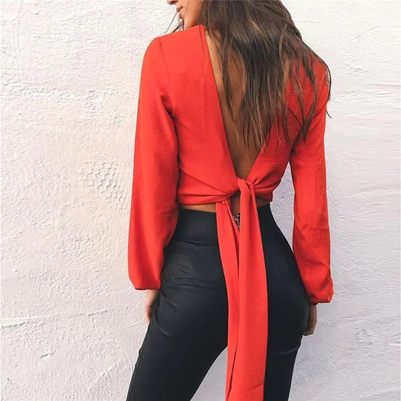 2019 Women's Long Sleeve Chiffon Blouse with Waist Cut