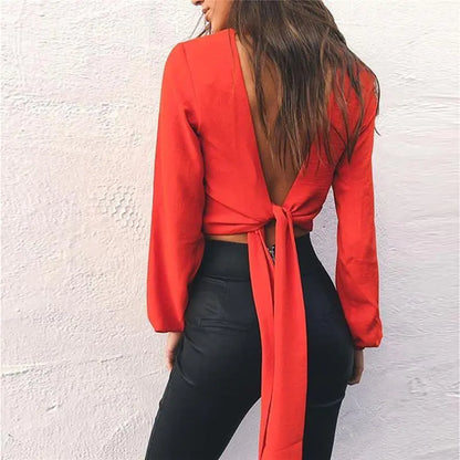 2019 Women's Long Sleeve Chiffon Blouse with Waist Cut