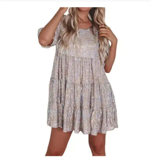 Fashionable Sequin Round Neck Loose Short Sleeve Dress