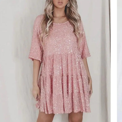 Fashionable Sequin Round Neck Loose Short Sleeve Dress