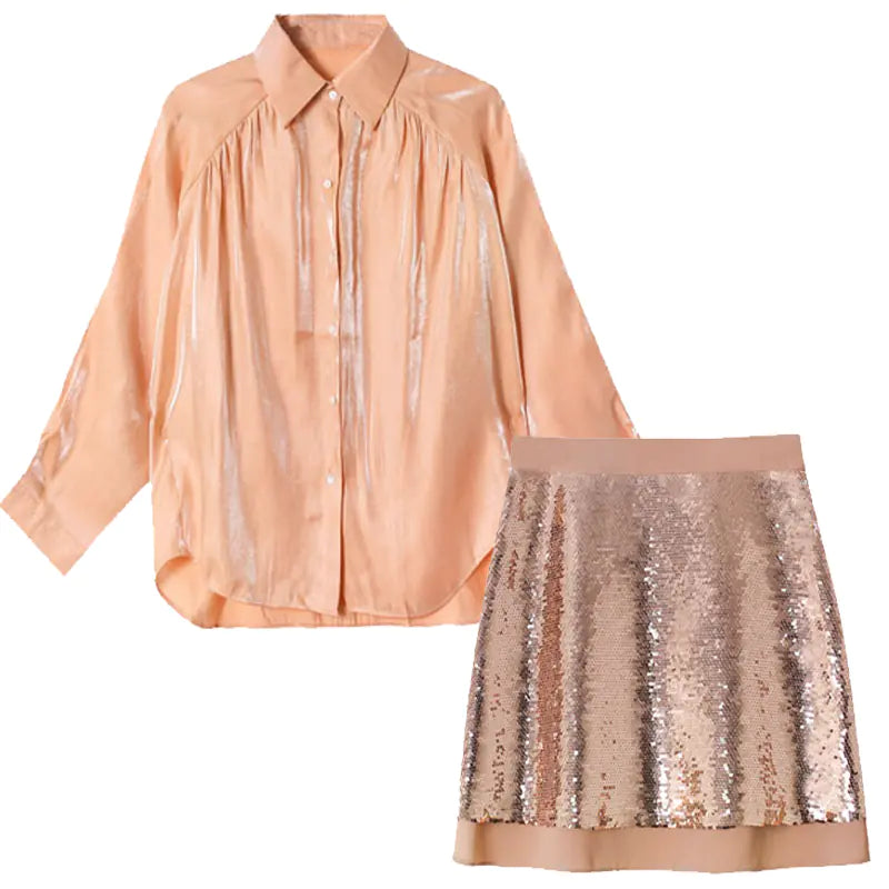 Spring 2019 Korean Style Shiny Blouse and Sequin Skirt Set