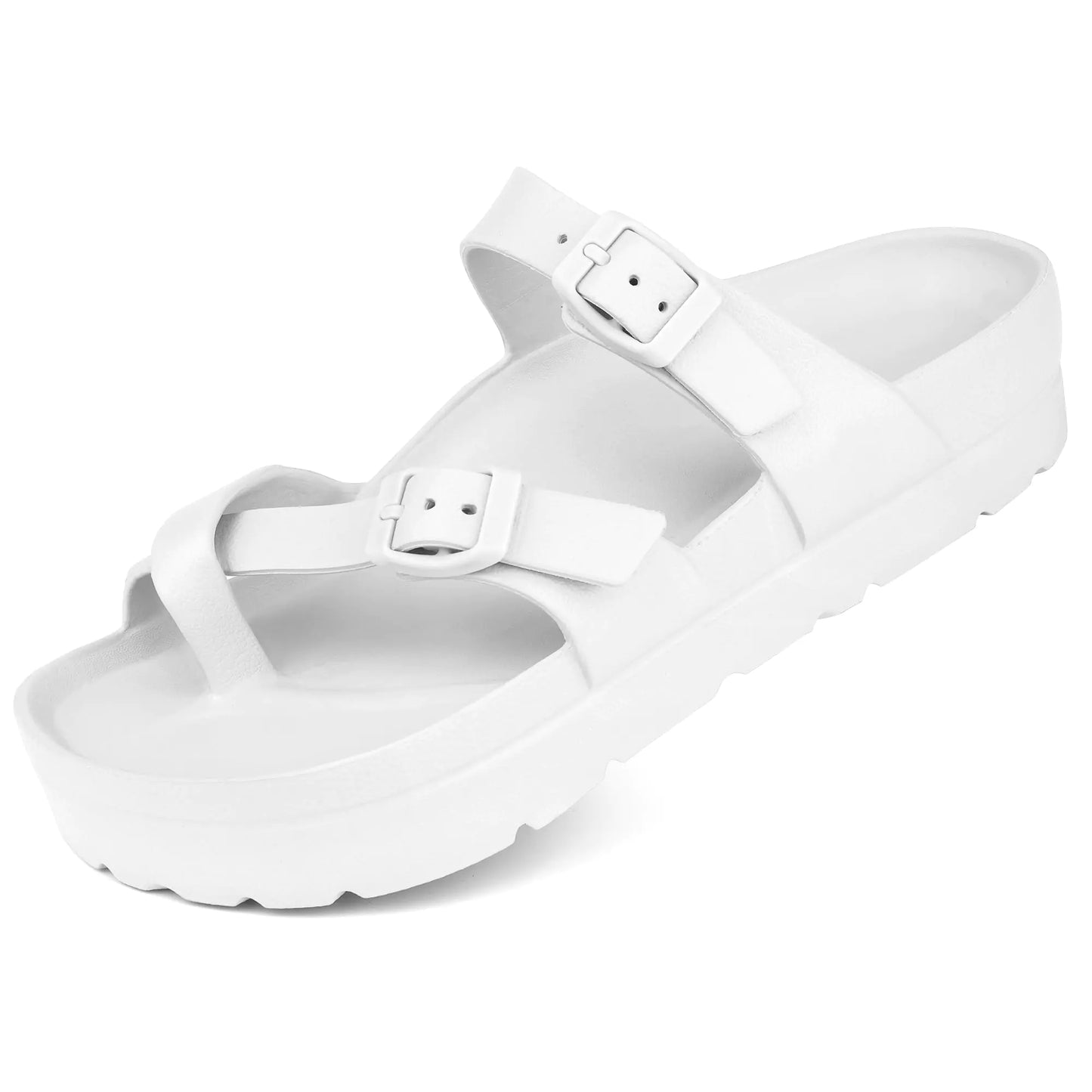 seticeo Womens Platform Flip Flops Sandals with Arch Support Adjustable Double Buckle Slip on Slides Summer Lightweight Beach Eva Cushion Flat Sandals White 10-10.5