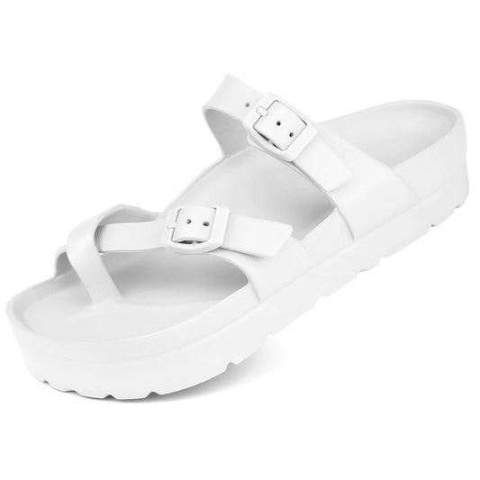 seticeo Womens Platform Flip Flops Sandals with Arch Support Adjustable Double Buckle Slip on Slides Summer Lightweight Beach Eva Cushion Flat Sandals White 10-10.5