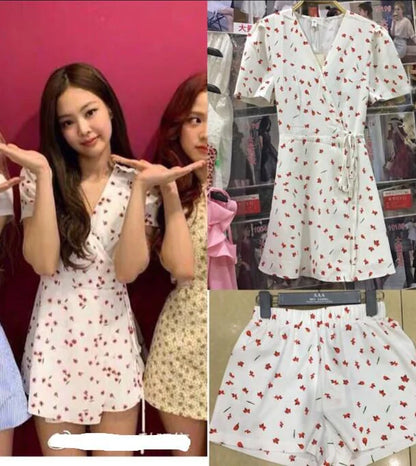 White Floral Dress with V-Neck and Short Sleeves