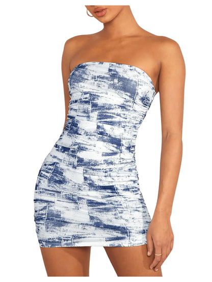 SOLY HUX Womens Floral Tube Dress Summer Strapless Bodycon Mini Dress Party Clubwear Blue Printed Small