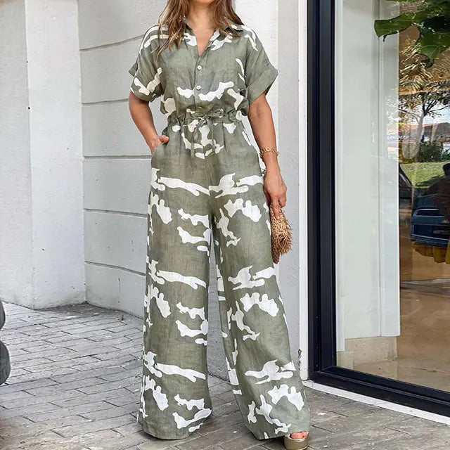 Casual Fashion Print Lace-Up Straight Jumpsuit