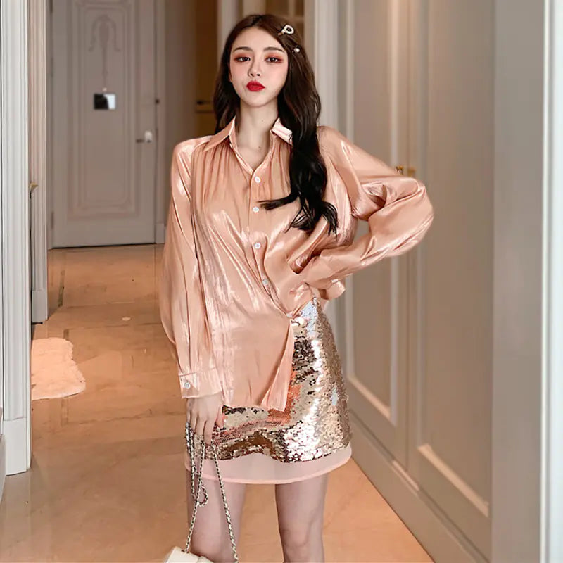 Spring 2019 Korean Style Shiny Blouse and Sequin Skirt Set