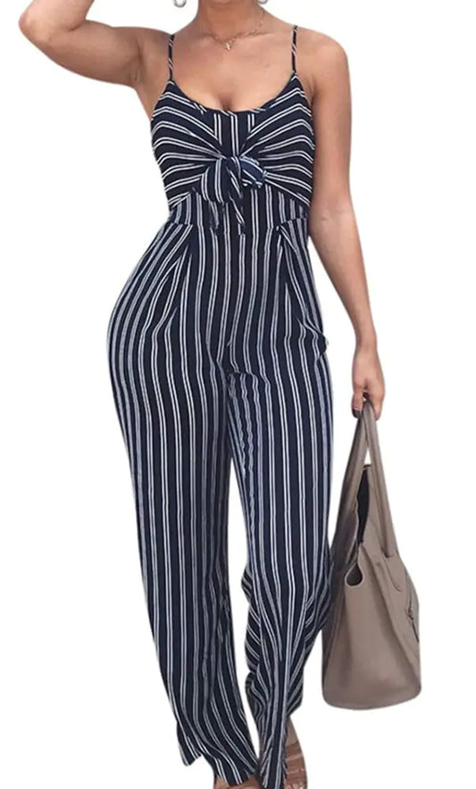 SheKiss Sexy Spaghetti Strap Striped Jumpsuits for Womens Loose Palazzo Long Baggy Overalls with Pockets PurplishBlue Rompers