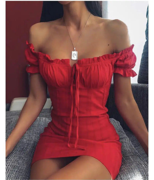 Off-Shoulder Short Sleeve Mini Dress (European Style)