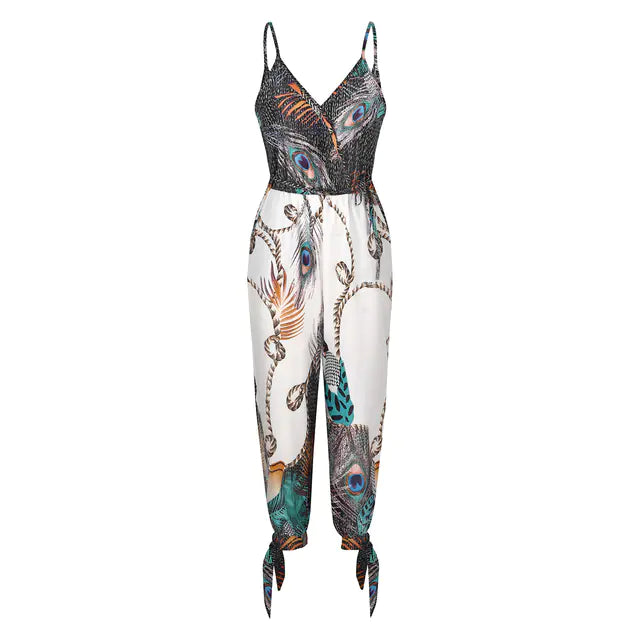 Feather Print Sleeveless Jumpsuit