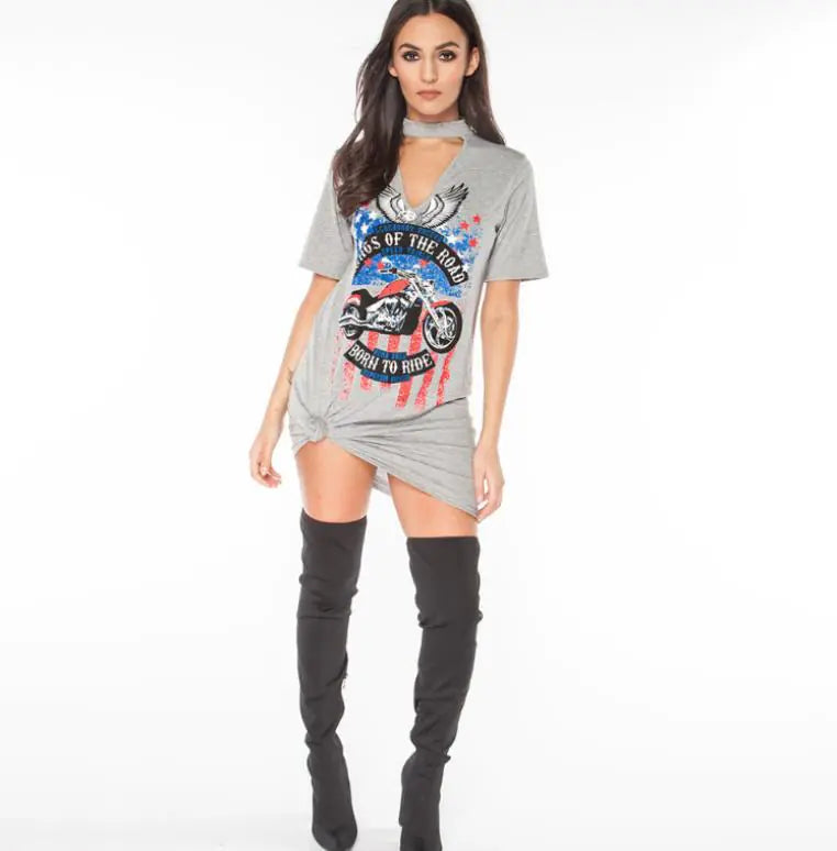 Eagle Motorcycle Print Halter Dress, Floral Design Dress