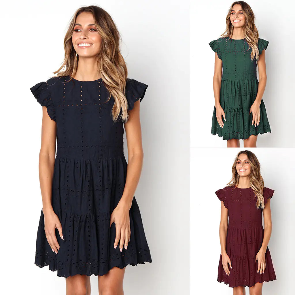 Solid Color Round Neck Short Sleeve Casual Dress