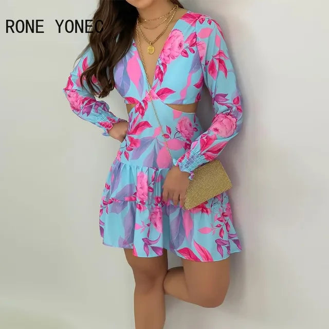 Women's Casual Deep V-Neck Long Sleeve Floral Dress