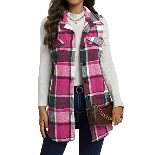 Suhorseful Womens Plaid Vest Fall Winter Sleeveless Blazer Jackets Flannel Lightweight Long Elegant Lapel Neck Jacket