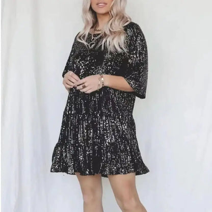 Fashionable Sequin Round Neck Loose Short Sleeve Dress