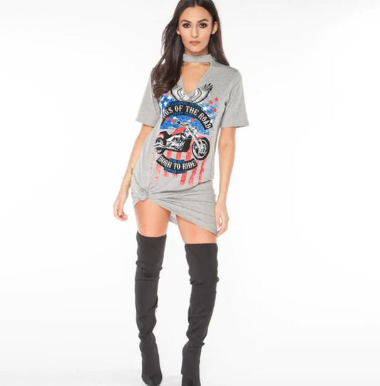 Eagle Motorcycle Print Halter Dress, Floral Design Dress