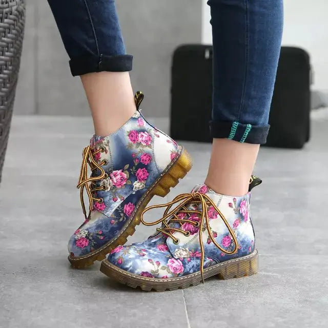 Vintage Floral Lace-Up Martin Boots for Women