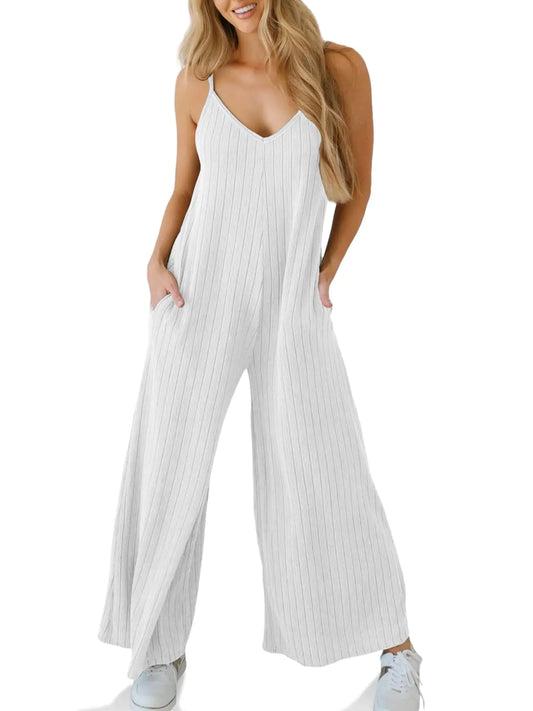 Tongmingyun Womens Casual Summer Jumpsuits Wide Leg Spaghetti Strap Ribbed Overall Jumpsuit with Pockets