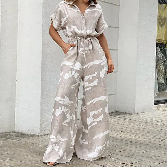 Casual Fashion Print Lace-Up Straight Jumpsuit
