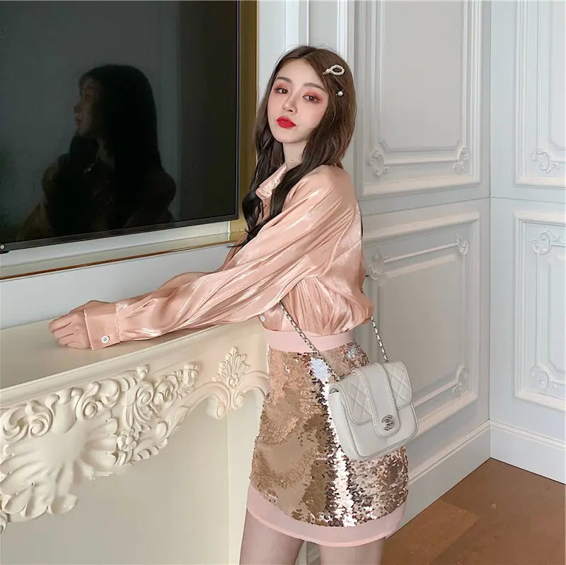 Spring 2019 Korean Style Shiny Blouse and Sequin Skirt Set