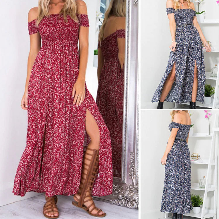 Floral Print Strapless Split Dress