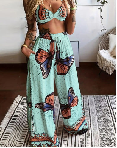 Printed Tube Top Loose Wide Leg Pants Two-piece Set