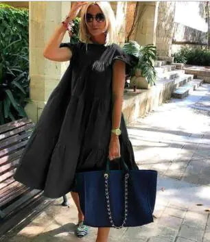 Solid Midi Dress with Short Sleeves (One Piece)