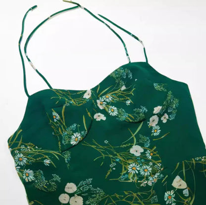 French Retro Floral Print Slit Suspender Dress